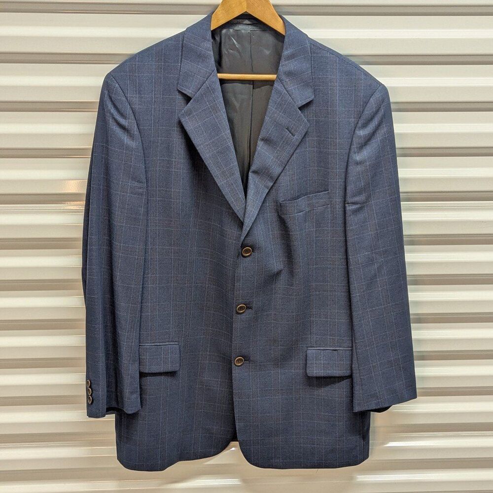 Quiet Luxury Blue Windowpane Plaid Wool Blazer Cavelli Christopher's Couture 44L